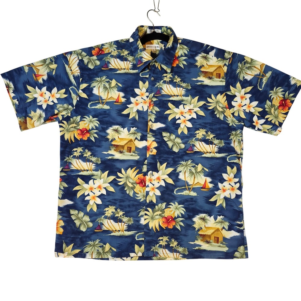 Pierre Cardin‎ Hawaiian Shirt Mens L Blue Tropical Cotton Excellent Short Sleeve